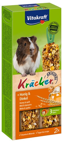 Vitakraft Cavia Kracker Honing, knaagsnack voor cavia's met granen en honing op een houten stokje