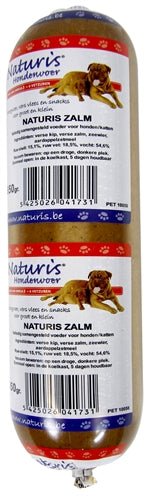 Naturis Houdbaar Zalm 650gr, natvoer voor honden, met afbeelding van de verpakking