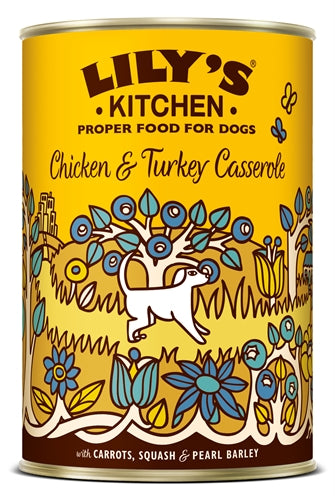 Lily's Kitchen Dog Chicken / Turkey Casserole 6x400g, natvoer voor honden met kip, kalkoen, groenten en fruit.