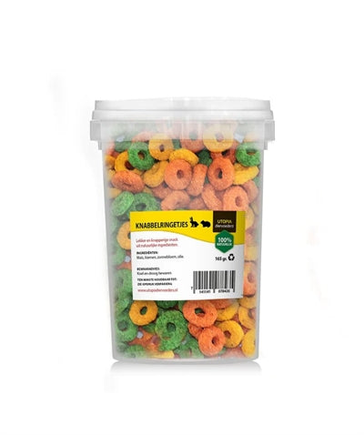 Utopia Knabbel Ringetjes 165gr, natuurlijke knaagdier snacks van maïs en zonnebloemolie