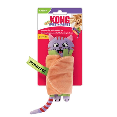 KONG Pull-A-Partz Purrito kattenspeelgoed, een pluche burrito met een uitneembaar kattenknuffeltje, met ritselpapier en kattenkruid.