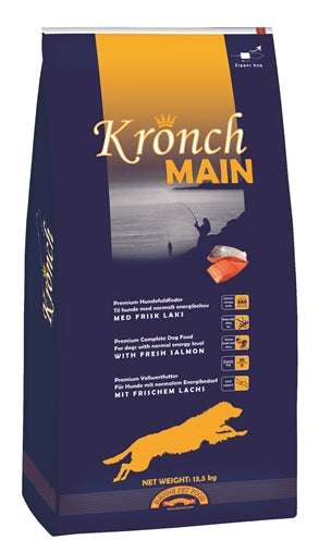 Zak Kronch Main Senior 13,5kg hondenvoer, met afbeelding van zalm en de tekst 'Kronch Main Senior