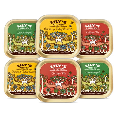 Voor de multipack als geheel: "Lily's Kitchen Dog Adult Classics Dinners Tray Multipack 6x150g, hondenvoer met kip, rund en lam