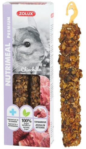 Zolux Nutrimeal Stick Chinchilla Aardpeer, 2 stuks, knaagsnack voor chinchilla's met aardpeer op een houten stokje