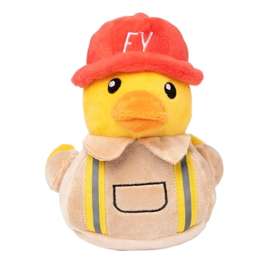 FuzzYard Duck Firequacker Pluche hondenspeelgoed, 18,5 cm, brandweereend met pieper