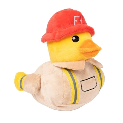 FuzzYard Duck Firequacker Pluche hondenspeelgoed, 18,5 cm, brandweereend met pieper