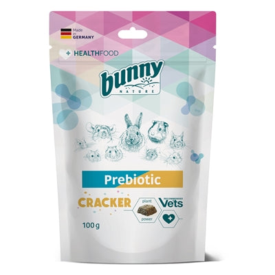 Bunny Nature Prebiotic Cracker 100g, knaagdier snack met inuline, artisjok en cichoreiwortel voor een gezonde darmflora.