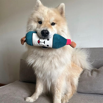 Martin Wijnfles Pluche, hondenknuffel in de vorm van een wijnfles, gemaakt van gerecycled materiaal, met pieper en ritselend papier