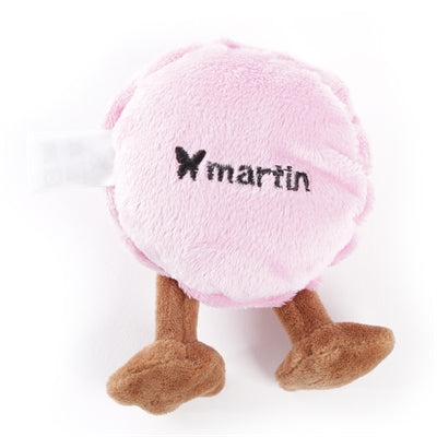 Martin Macaron Pluche hondenknuffel, vorm van een Franse macaron, gemaakt van gerecycled materiaal, met pieper en ritselend papier