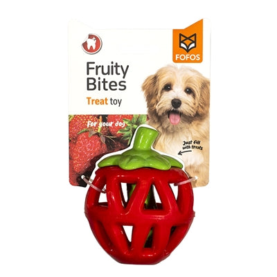 Fofos Fruity-Bites Treat Dispenser Aardbei, hondenspeeltje in de vorm van een rode aardbei, geschikt voor het vullen met hondensnacks