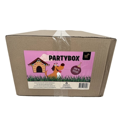 Freds Partybox 2,4kg, een assortiment hondensnacks voor feestelijke gelegenheden.