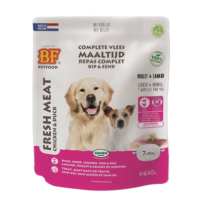 BF Petfood Vleesvoeding Eend 630 gram, nat hondenvoer met verse eend, kip en vis